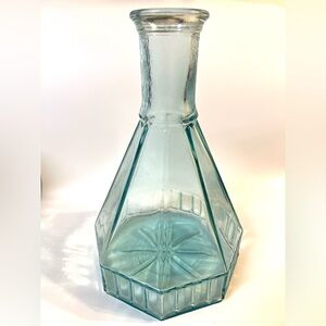 VTG Light Blue Glass Octagonal Decanter Water Bottle Flower Bud Vase 9 in